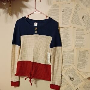 NWT No Boundaries Navy, Cream, and Rust Waffle Knit Top